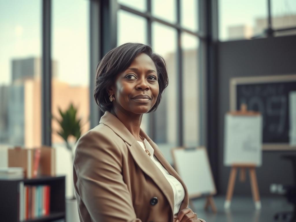 **AI Image Generation Prompt:**

Create a realistic high-resolution photograph that captures the essence of the blog titled "Detroit’s Workforce Isn’t Lacking Skills—It’s Lacking Support." The composition should be simple and focused, featuring a single subject: a middle-aged African American woman, dressed in professional attire, standing in a modern office environment. She should have a confident posture and a thoughtful expression, symbolizing strength and resilience in the face of workforce challenges. 