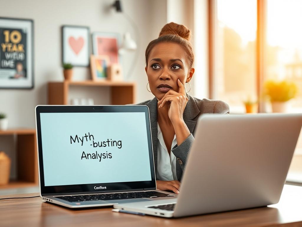 Create a hyper-realistic high-resolution photo that visually represents the theme of "The Five Costly Myths That Hold Staff Back From Supporting Disabled Team Members." The image should focus on a single subject: a thoughtful business professional, ideally a woman of diverse descent, seated at a modern office desk. She appears engaged in a reflective conversation with a laptop open in front of her, displaying an empty document titled "Myth-busting Analysis."

In the background, feature a softly focused offi
