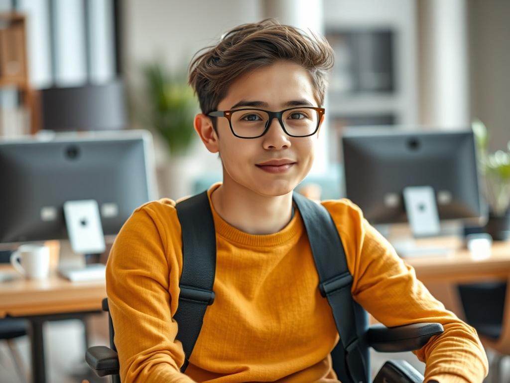 **Prompt for AI Image Generator:**

Create a highly detailed, realistic high-resolution photo that embodies the theme of inclusion and visibility for individuals with disabilities. The composition should be simple and clear, featuring a single subject—a young adult with a visible disability, such as a wheelchair user—engaging confidently in a professional setting, like an office or workspace. 

The subject should be positioned slightly off-center to create a dynamic visual flow, with a focused expression th