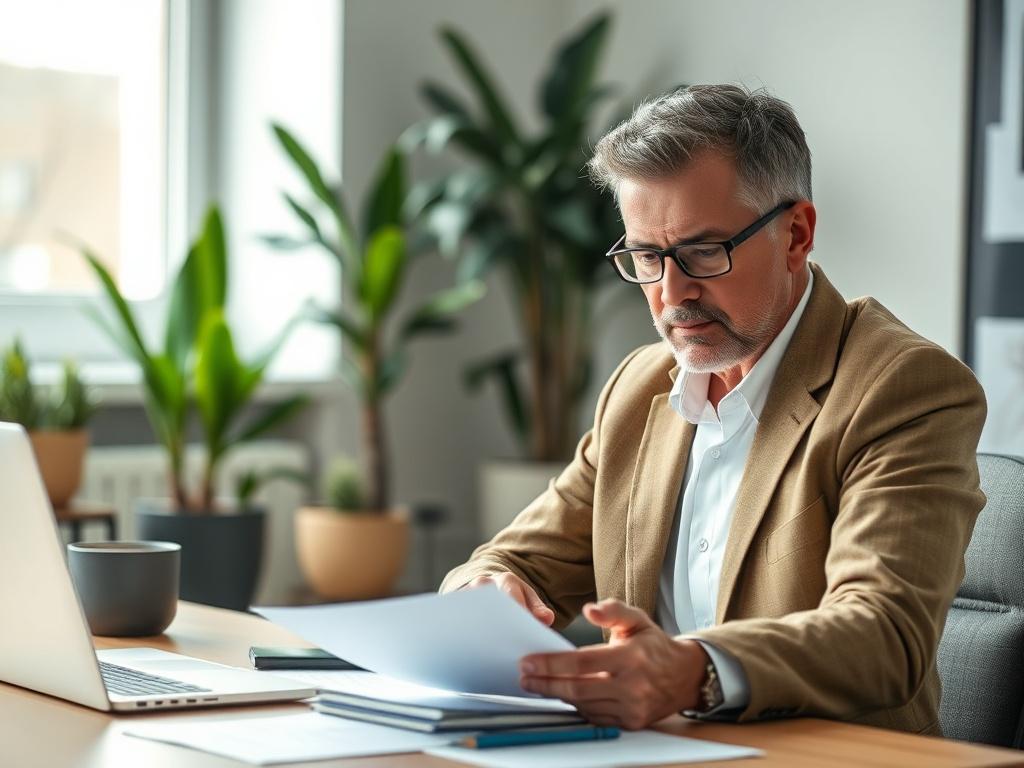 Create a realistic high-resolution photo that reflects the blog titled "Why Change Fails: The Hidden Human Signals Leaders Overlook in Organizational Transformations." The composition should be simple and clear, featuring a single subject—a thoughtful business leader, seated at a desk in an office environment. They appear contemplative, with a furrowed brow, as they review documents and take notes, symbolizing their reflection on change management.

The subject should be a middle-aged individual, with a div