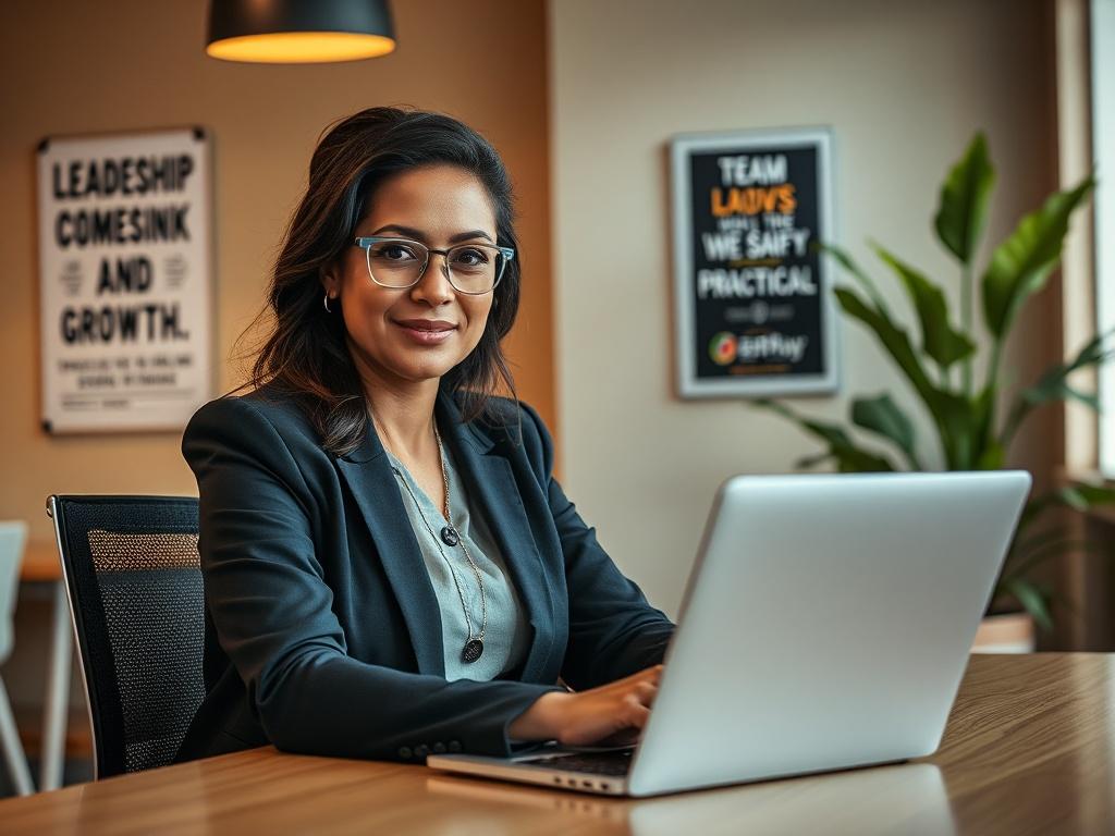 Create a high-resolution, hyper-realistic photo capturing the essence of leadership development in Michigan workplaces. The composition should feature a single subject—a confident, mid-career professional, a woman of diverse ethnicity, seated at a modern desk in an inviting office environment. She is engaged in a collaborative discussion with a colleague over a laptop, embodying active participation and teamwork in leadership development. 

Focus on her expression, which should reflect determination and ope