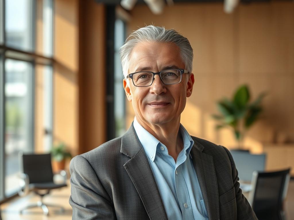 Create a highly detailed, realistic high-resolution photo that embodies the essence of executive coaching, specifically in the context of Southfield. The composition should include a single, confident business executive, a middle-aged male or female, standing in a modern office environment. The subject should exude an aura of clarity and focus, dressed in professional attire, embodying a sense of achievement and confidence. 
Ensure the background features elements of a contemporary office space—sleek furni