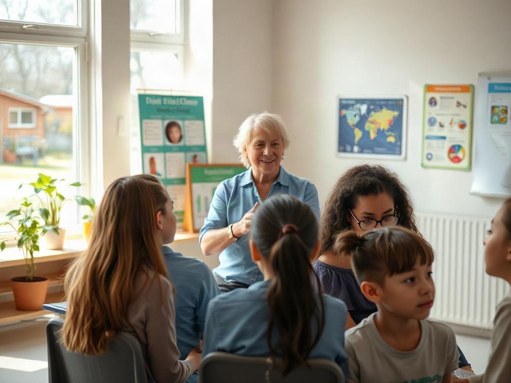 Create a realistic high-resolution image that captures the essence of effective disability awareness training in schools. The subject should be a diverse group of students, including students with disabilities, engaged in an interactive training session. The students are seated in a circular arrangement, focused on a passionate teacher who is using visual aids, such as charts or images, to facilitate discussion. The teacher, a middle-aged individual with a friendly demeanor, is standing at the center and ma