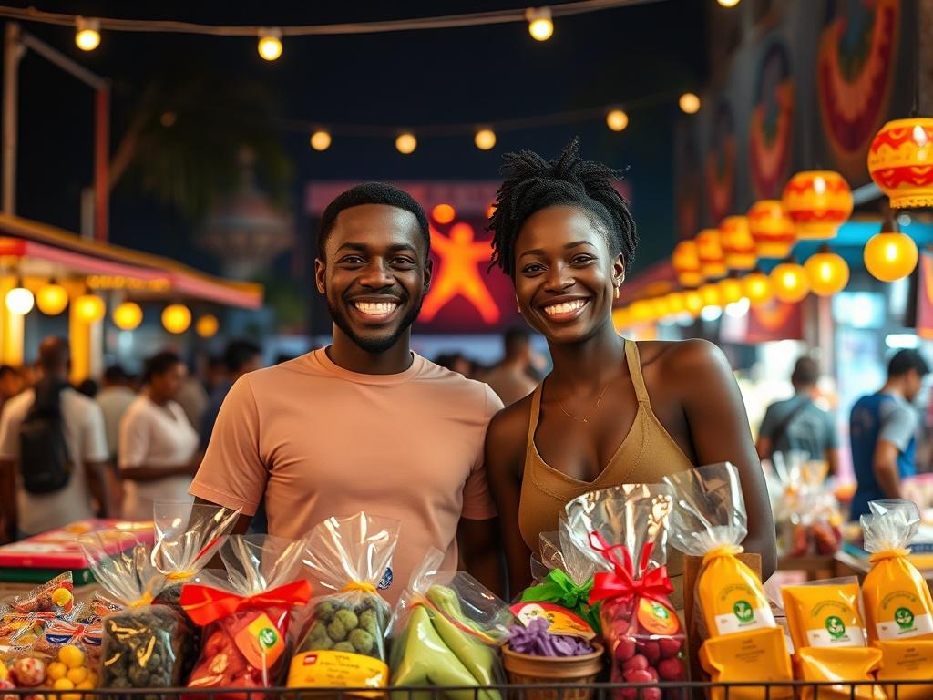 A happy Black male and female couple, both smiling, are selling vibrant, colorful products at a bustling night market. The background is alive with warm, glowing lights and a lively stage show, creating an atmosphere of excitement and community. The couple stands confidently behind their stall, showcasing their items, which are beautifully arranged and inviting. The scene captures the essence of joy and togetherness, with people enjoying the market around them. The composition is simple and clear, focusing 
