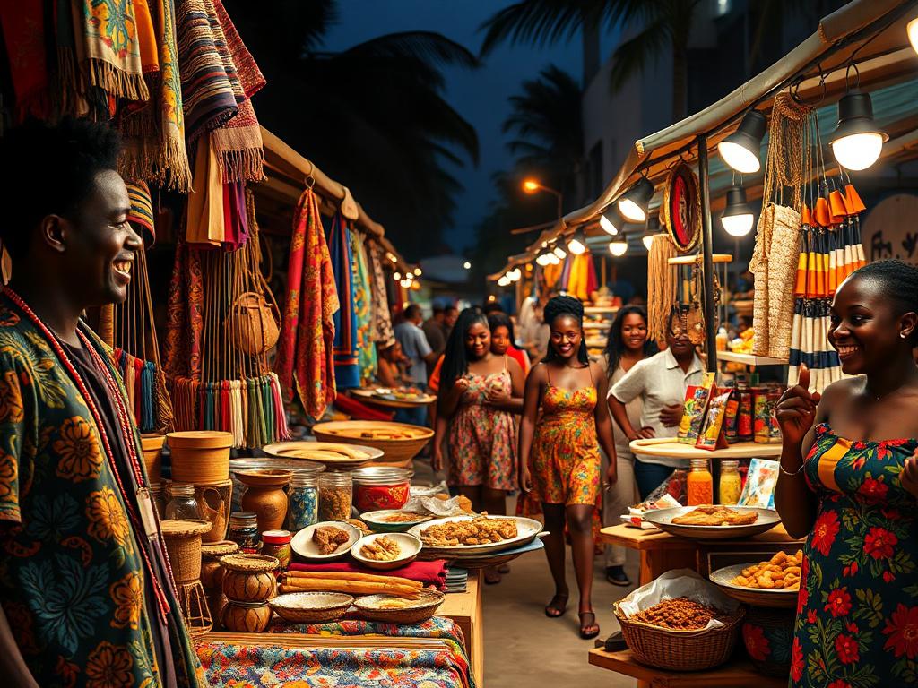 A vibrant, bustling night market scene featuring black male and female vendors showcasing an array of cultural items from African and Caribbean heritage. The vendors are smiling and engaging with customers, offering colorful fabrics, handmade crafts, and delicious food. In the background, a diverse group of people walk by, enjoying the lively atmosphere. The setting is illuminated with warm lights, creating a welcoming environment. The image should be photorealistic with extreme detail, focusing on the vivi