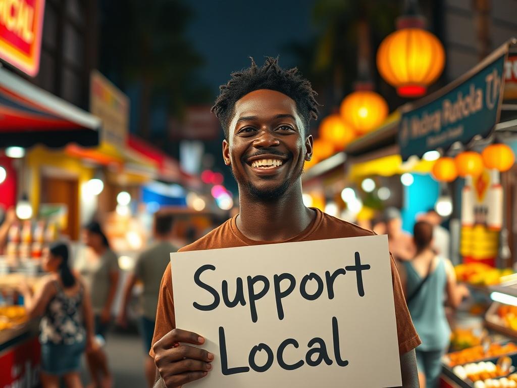 A happy Black man or woman standing in a lively night market scene, holding a sign that reads 'Support Local'. The individual appears joyful and engaged, with a warm smile. The background is filled with colorful market stalls, vibrant lights, and a diverse crowd enjoying the atmosphere. The overall composition should be clear and focused on the person, capturing the essence of community and support. The scene is set at night, with bold vibrant colors highlighting the festive ambiance.