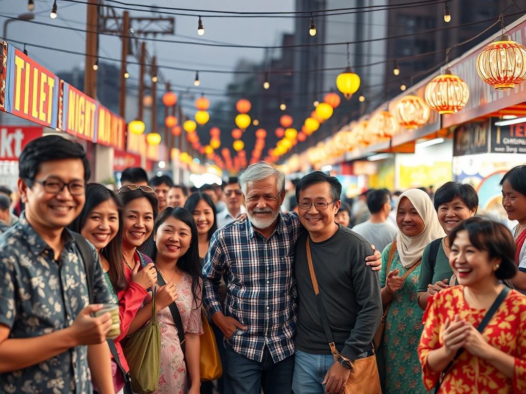 A heartwarming scene of community members contributing to a fundraising campaign for a night market. The image shows people of all ages gathering, smiling, and celebrating together, with a backdrop of colorful market stalls. The atmosphere is filled with joy and support, highlighting the importance of community involvement in cultural events.