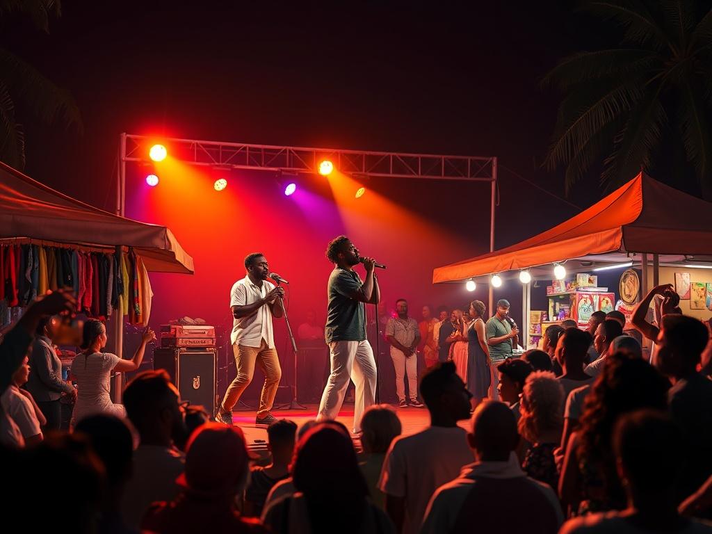 A vibrant night scene showcasing male and female artists performing on stage at The Garvey Windrush Traorè Night Market. The stage is illuminated with colorful lights, creating a lively atmosphere. Surrounding the stage, there are market stalls with various goods, bustling with people of diverse backgrounds watching the performance. The crowd is animated, showcasing realistic expressions of joy and engagement. The overall composition emphasizes the energy of the night market, with clean lines and bold color