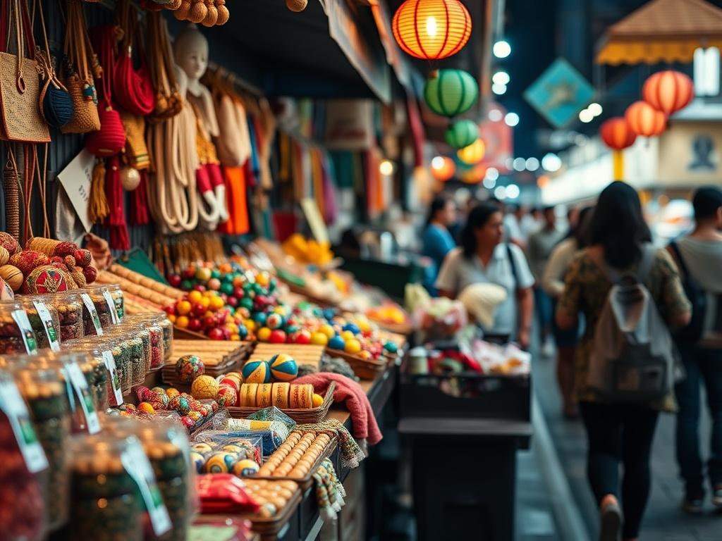 A close-up shot of a vibrant market stall filled with various handmade crafts and local products, featuring colorful displays. The setting is lively with people in the background, creating a sense of community and engagement. The focus is on the products, with a blurred background that hints at a bustling night market atmosphere.