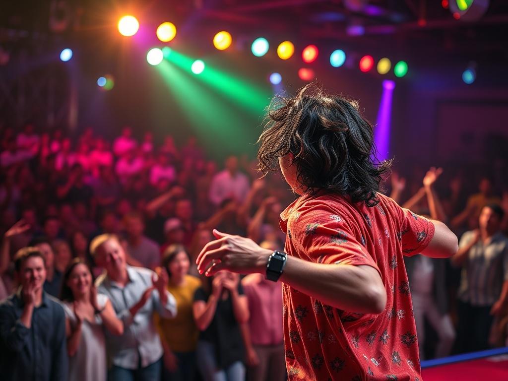 A close-up shot of a performer on stage, passionately engaging the audience with an energetic dance or music performance. The background features a lively crowd, with colorful lights illuminating the scene, creating a vibrant and joyful atmosphere.