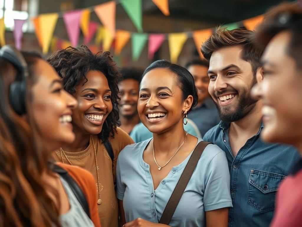 A close-up shot of a diverse group of people smiling and engaging with each other at a community event, showcasing warmth and togetherness. The setting should evoke a sense of celebration, with colorful banners and decorations in the background, highlighting the joyful spirit of community initiatives.