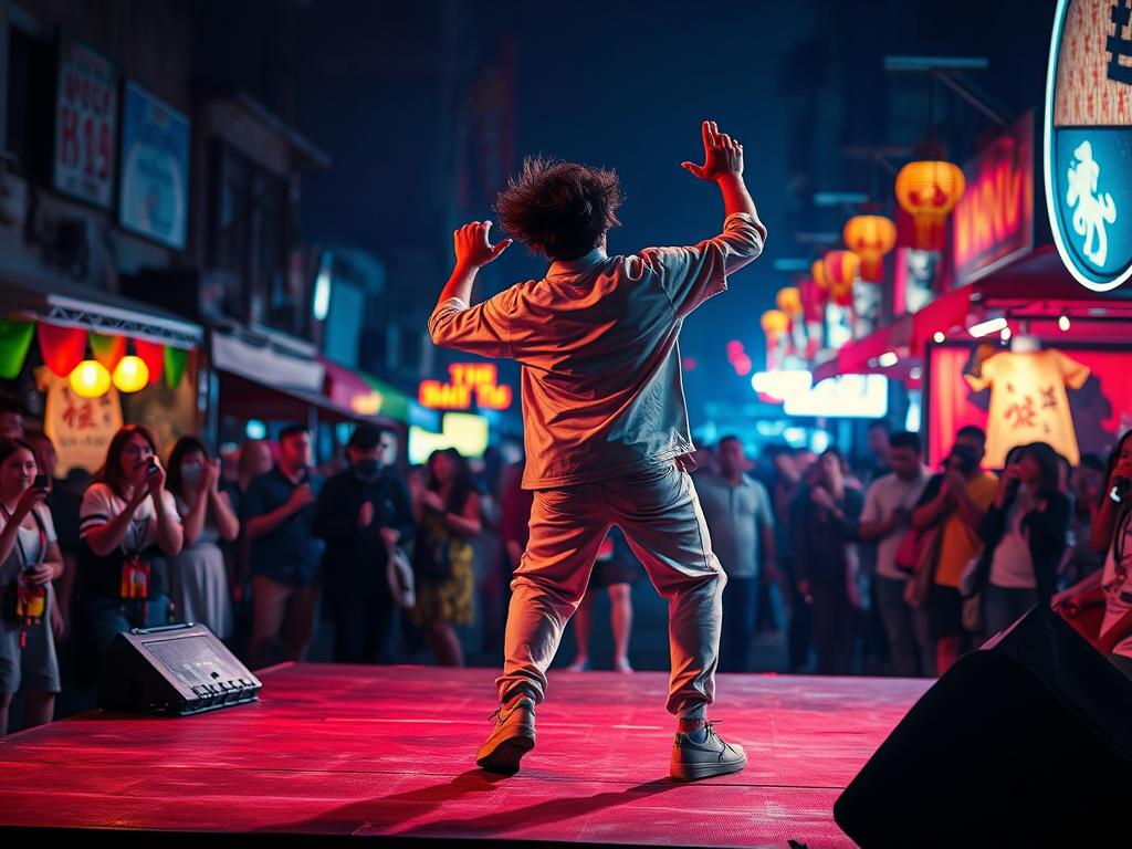 A dynamic performer on stage captivating the audience with their dance moves. The setting is a lively night market with colorful lights and an enthusiastic crowd in the background. Focus on the performer and their expressive movements, emphasizing the vibrant energy of the cultural scene.