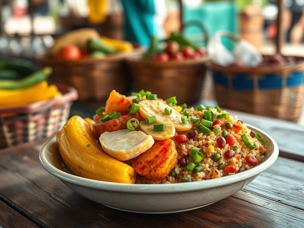 Create a realistic high-resolution image of a Caribbean food market scene featuring a focused composition on a traditional dish of Ackee & Saltfish. The dish should be served on a rustic wooden table, showcasing bright, vibrant colors that highlight the fresh ingredients. Include beautifully textured Ackee fruits in yellow and red hues, flaked saltfish, and perfectly steamed green bananas, adorned with a sprinkle of green onions for garnish. Add a side of colorful rice and peas, with speckles of red kidney 
