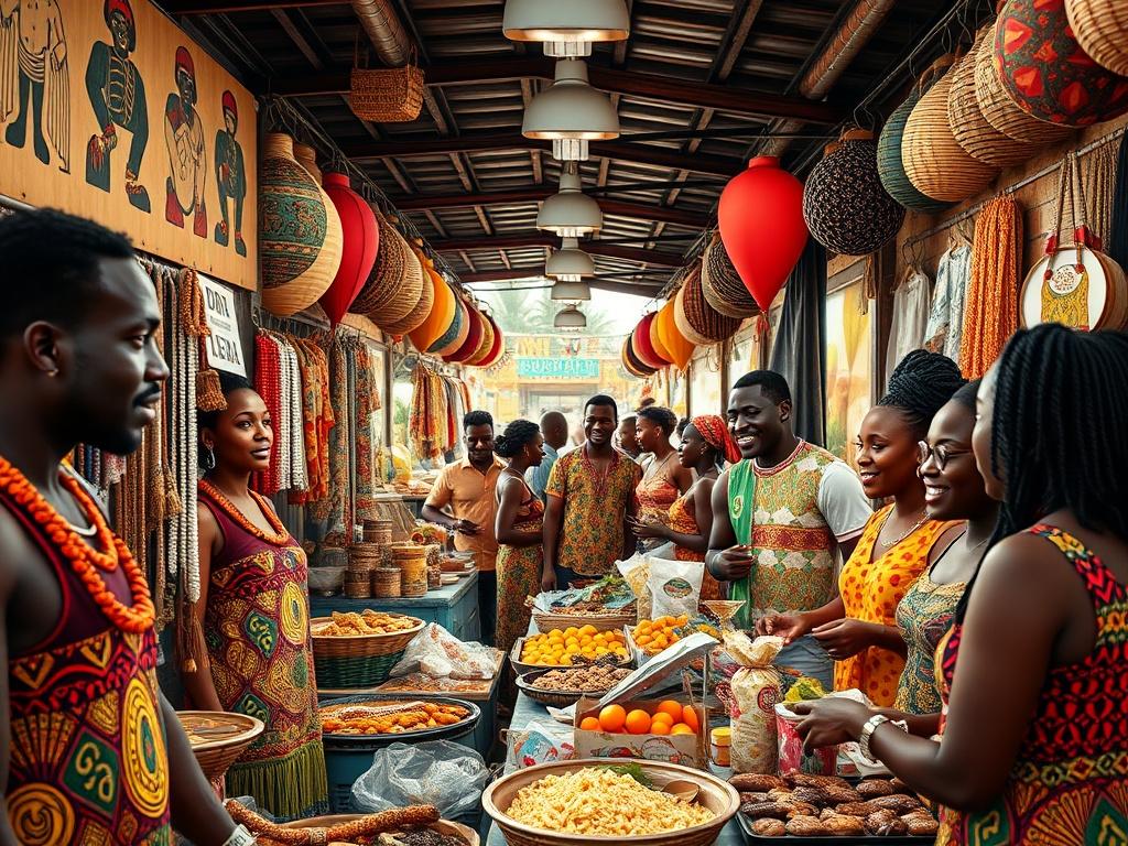 A vibrant Caribbean market scene featuring male and female vendors engaging with customers. The setting is filled with colorful stalls showcasing African Caribbean symbols, traditional clothing, handcrafted jewelry, and an array of delicious food. The vendors and customers are a diverse mix of Black individuals, all looking happy and enjoying the lively atmosphere. The image should be photorealistic, with extreme detail and bold, vibrant colors that capture the essence of a bustling market.