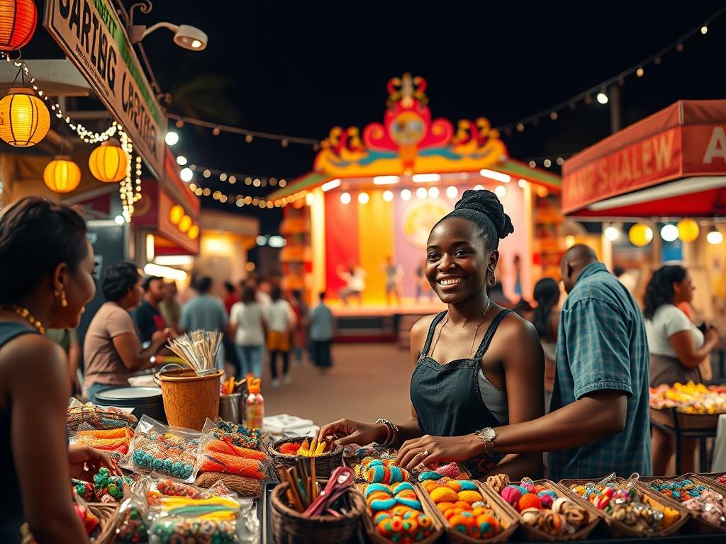 A happy black male and female couple vendors smiling and interacting with customers at a bustling night market. The couple is showcasing colorful handmade products at their stall, surrounded by vibrant decorations and twinkling market lights. In the background, a lively stage show is taking place, with performers entertaining an engaged audience. The atmosphere is festive and warm, emphasizing community spirit and celebration. The overall composition is simple and clear, focusing on the couple and their sta