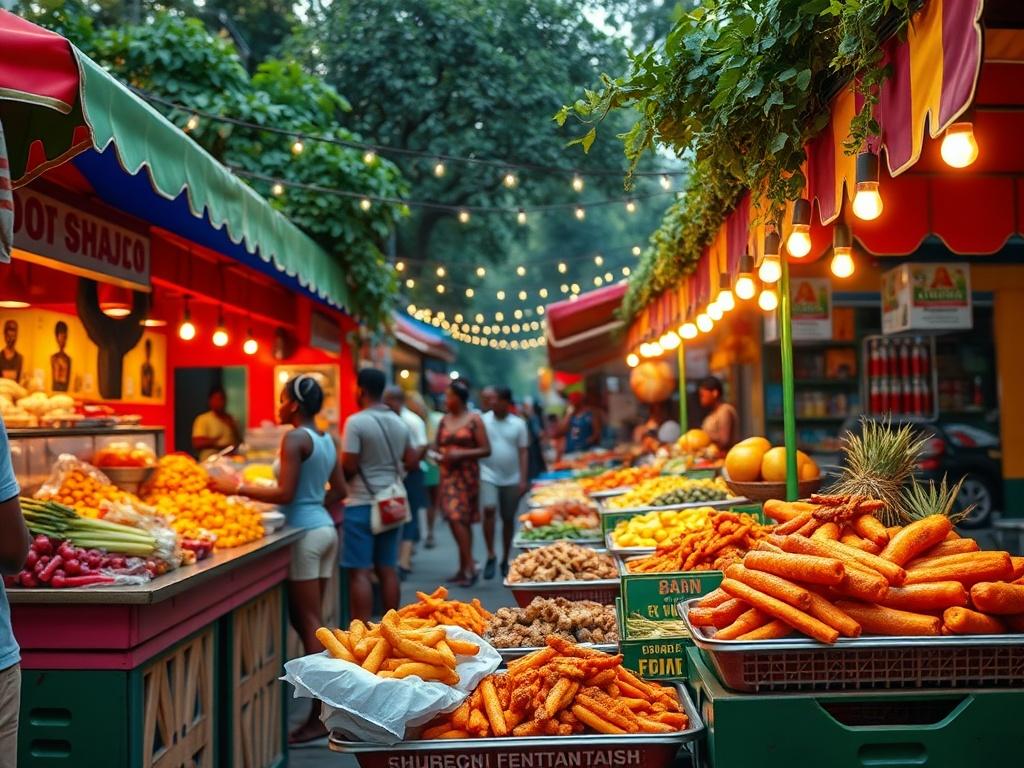 A vibrant street market scene showcasing delicious hot African Caribbean food. The image features colorful food stalls displaying fresh produce, with mouth-watering dishes being served. The atmosphere is lively and bustling, filled with people enjoying the food. The stalls are adorned with bold, vibrant colors that catch the eye, and the backdrop includes lush greenery and twinkling lights to create a festive ambiance. The focus is on the food, highlighting the textures and colors of the various dishes, inv