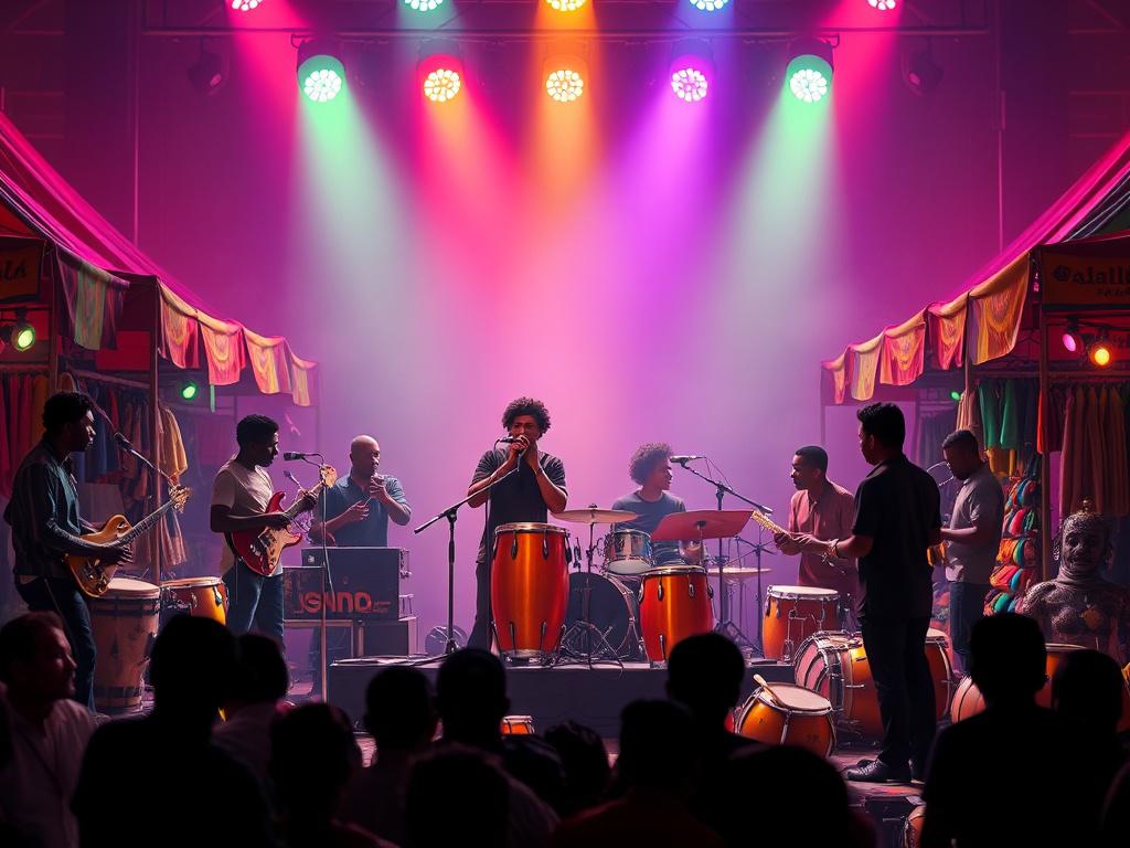 A vibrant scene of black performers on stage, illuminated by colorful stage lights. The performers include musicians playing various instruments and drummers creating a rhythmic ambiance. Surrounding the stage, there are market stalls filled with diverse goods, creating a lively community atmosphere. The composition is minimalistic, focusing on the performers and stalls, with a clear background that enhances the vibrancy of the scene. The colors should be bold and vivid, capturing the energy of the event.