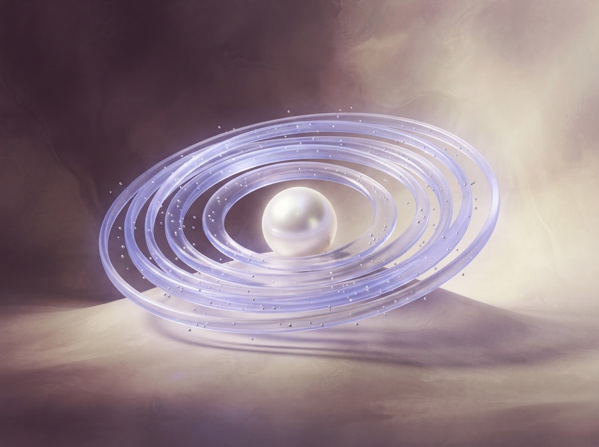 Layered lavender glass rings orbiting a pearl, a quiet visual for Cardano staking