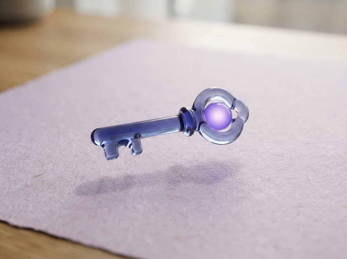 A softly lit violet glass key representing control of a digital wallet