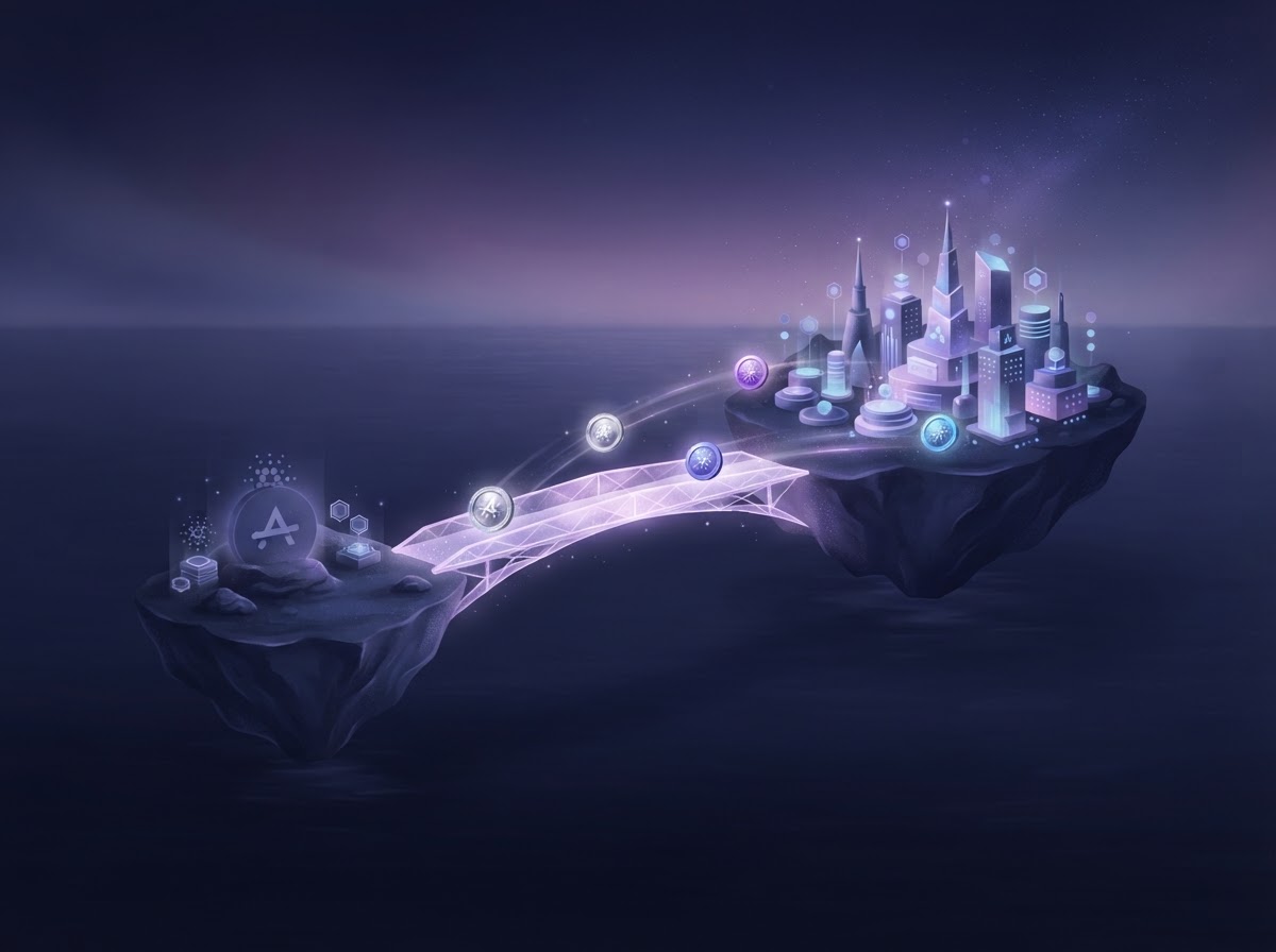 A small violet glass bridge linking two dark islands, symbolizing a wallet connection