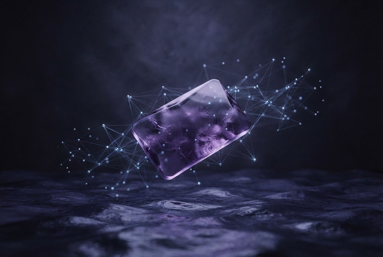 A translucent violet wallet form floating above a midnight-blue surface