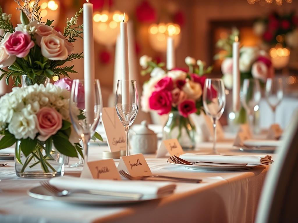 A stunning close-up shot of a beautifully decorated bachelorette party table, showcasing elegant floral arrangements, personalized name cards, and chic tableware. The setting is vibrant and inviting, with soft lighting creating a warm atmosphere. The background is softly blurred to emphasize the details on the table, capturing the essence of a perfect celebration.