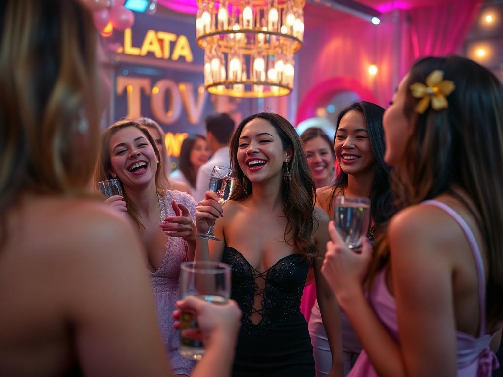 A close-up shot of a lively bachelorette party in full swing, with guests laughing, dancing, and enjoying themselves. The event coordinator can be seen in the background, ensuring everything runs smoothly, with vibrant party decorations enhancing the joyful atmosphere.