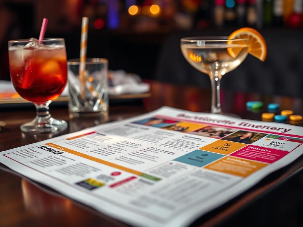 A close-up shot of a beautifully designed itinerary laid out on a table with a cocktail and party decorations in the background. The itinerary features colorful sections and fun graphics, emphasizing a bachelorette weekend theme.
