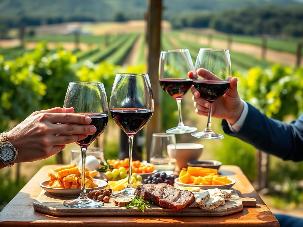 A high-resolution close-up of a wine tasting setup at a vineyard, featuring elegantly arranged wine glasses, a charcuterie board, and friends clinking glasses in celebration. The vineyard background showcases lush grapevines, shot with a 45mm f/1.2 lens.