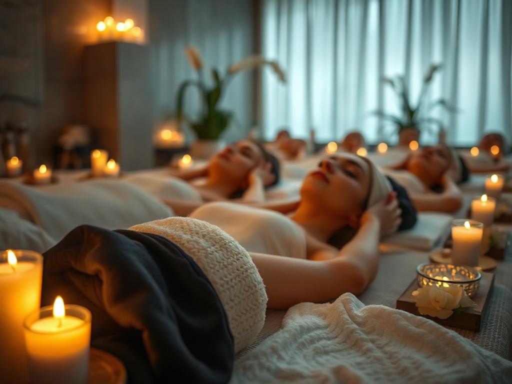 A high-resolution close-up of a serene spa setting, featuring women enjoying massages and facials, surrounded by candles and flowers. Soft lighting creates a calming atmosphere, shot with a 45mm f/1.2 lens.