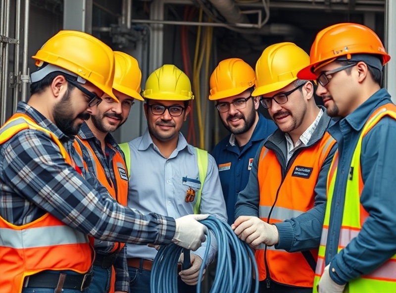 Professional team of construction workers and technicians