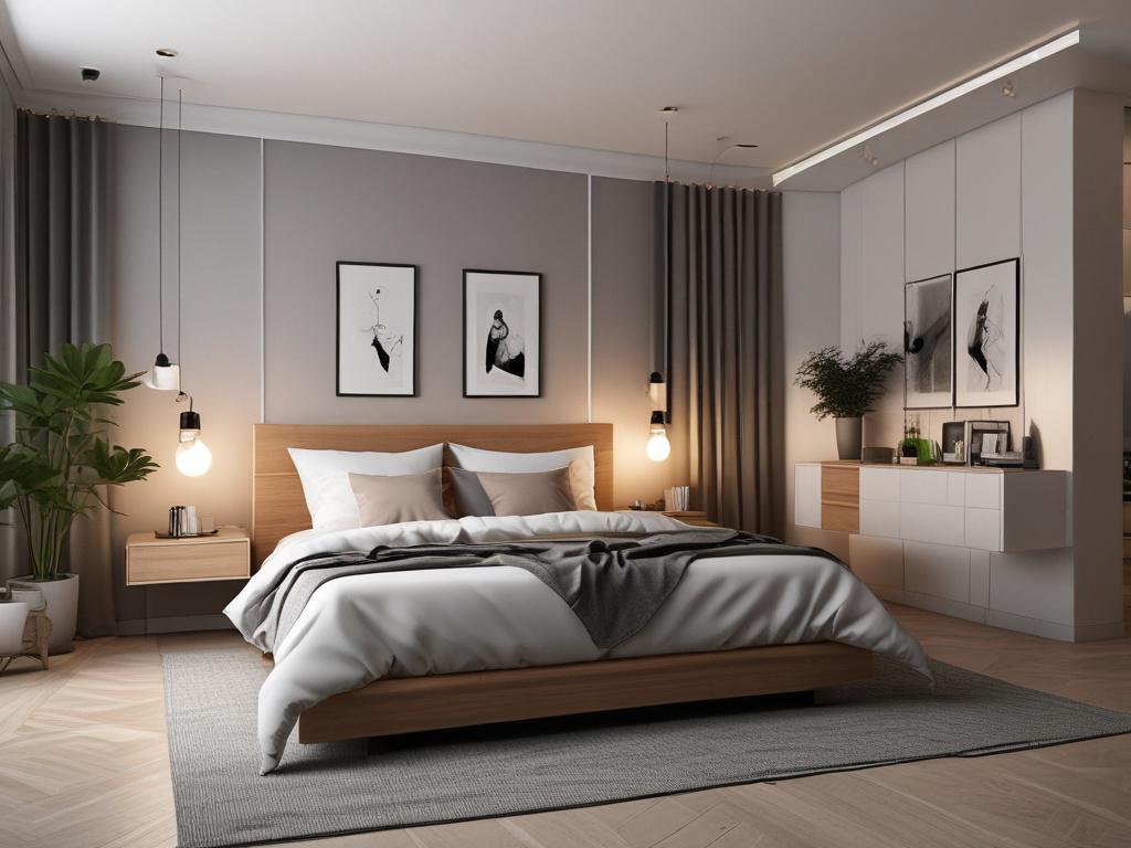A chic 1-bedroom apartment featuring a stylish living area with modern furniture and elegant decor. The bedroom is cozy and inviting, with soft lighting and contemporary furnishings. Large windows provide a view of the Salt Lake City skyline, enhancing the atmosphere. The composition focuses on the beauty and functionality of the space, capturing the essence of urban living.