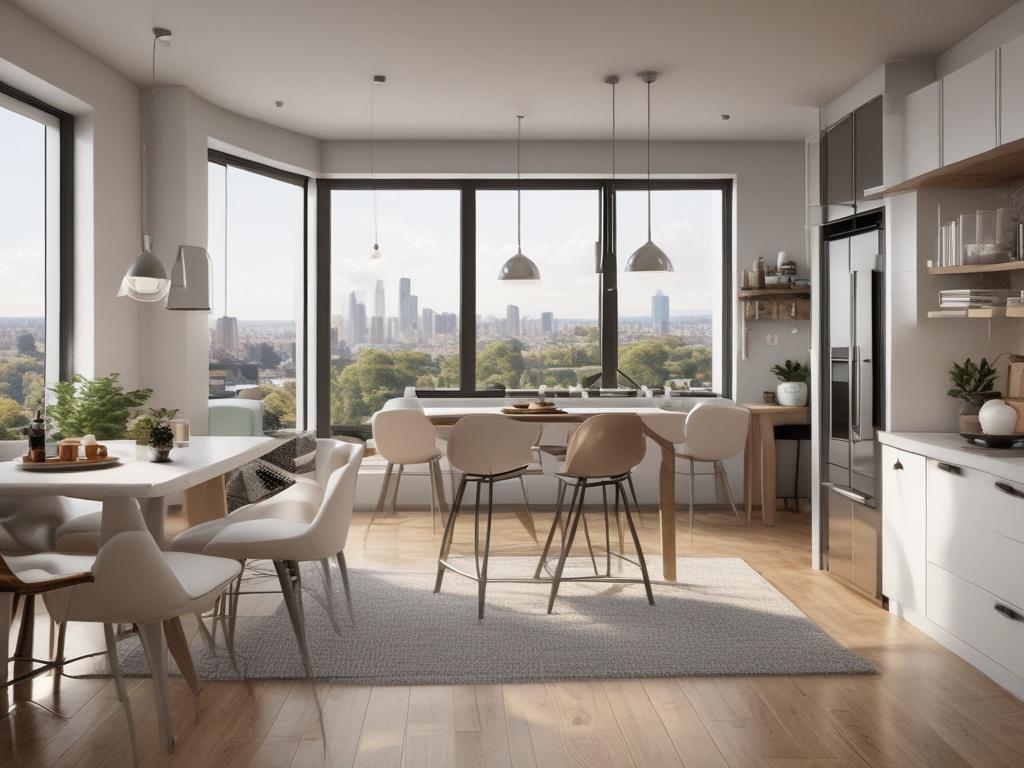 A spacious studio apartment showcasing an open-concept layout with large windows allowing natural light to flood the space. The interior features sleek countertops and stainless steel appliances, emphasizing a contemporary style. The focus is on the living area, with a cozy seating arrangement and stylish decor. The background is minimalistic, highlighting the apartment's inviting atmosphere.