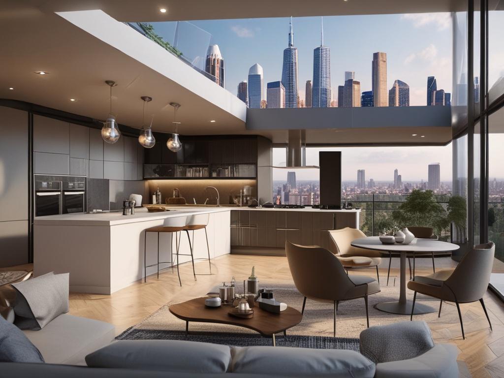 A luxurious apartment interior showcasing high-end finishes and a spacious layout. The image highlights a modern kitchen with premium appliances and elegant decor. A balcony view captures the stunning skyline of Salt Lake City, adding to the opulence of the scene. The focus is on sophistication and comfort, perfectly encapsulating the luxury living experience.