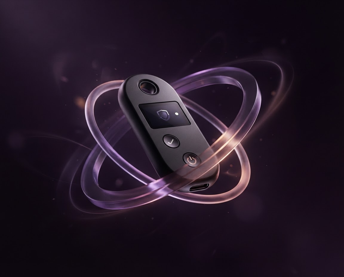 Sculptural hardware wallet device surrounded by luminous security-inspired rings