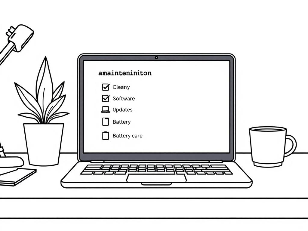 **Prompt for AI Image Generator:**

Create a high-quality illustration for a blog titled "Consejos para el Mantenimiento de Tu Laptop." The composition should be simple and clear, featuring a single subject: an open laptop on a clean, modern desk. The laptop screen should display a vibrant, friendly checklist with simple icons representing maintenance tasks like cleaning, software updates, and battery care. The laptop itself should be sleek and contemporary, emphasizing a professional yet approachable desig