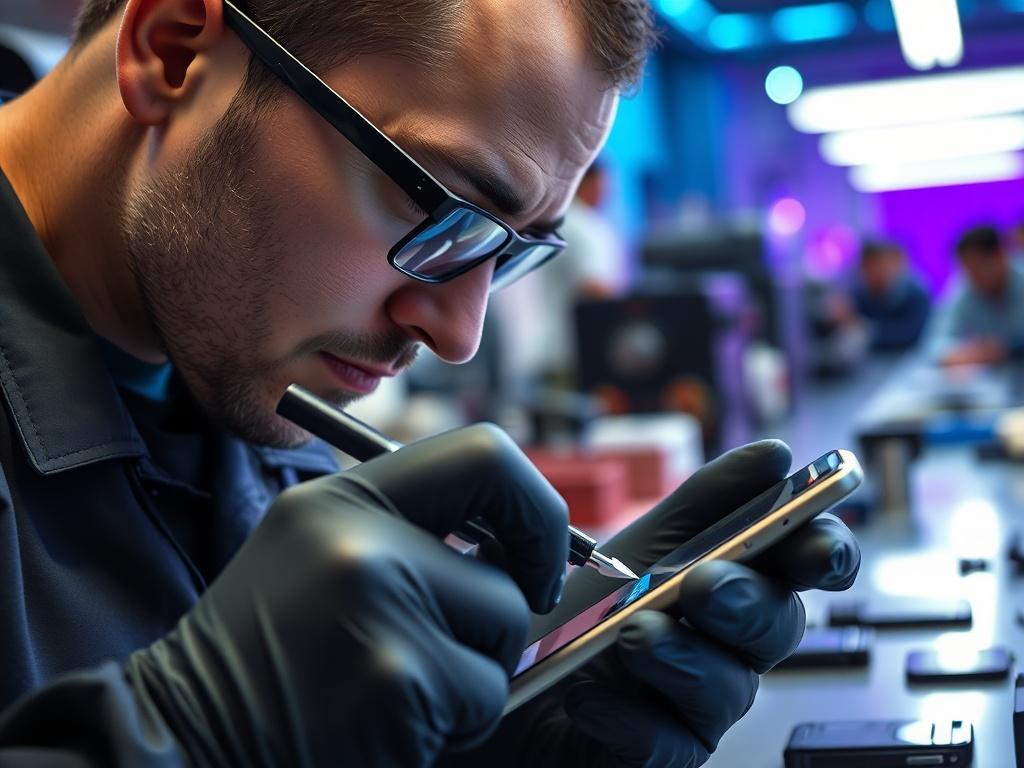 A hyper-realistic close-up shot of a technician carefully repairing a smartphone in a modern workshop. The technician is focused, wearing gloves, and using precision tools. The background is blurred with hints of high-tech equipment and a clean, organized workspace. The primary color scheme includes electric blue and purple tones, reflecting a professional and trustworthy atmosphere.
