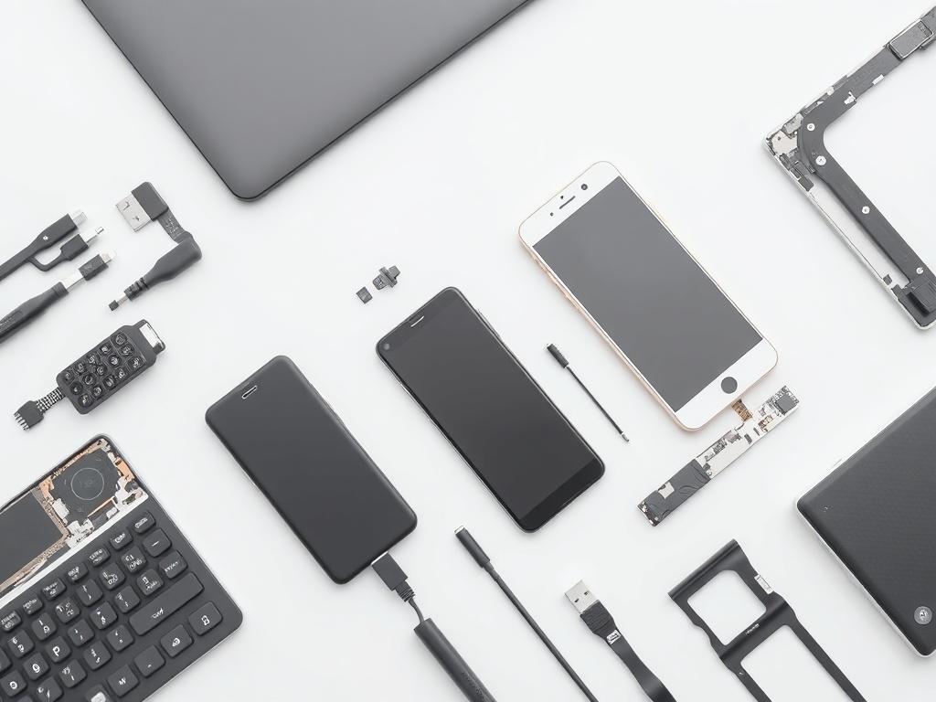 A realistic high-resolution photo of a set of computer and mobile phone spare parts arranged neatly on a minimalistic white background. The focus should be on a variety of components such as batteries, keyboards, screens, and charging ports, emphasizing their quality and design. The overall composition should be clean and simple, with soft lighting to highlight the details of the spare parts.