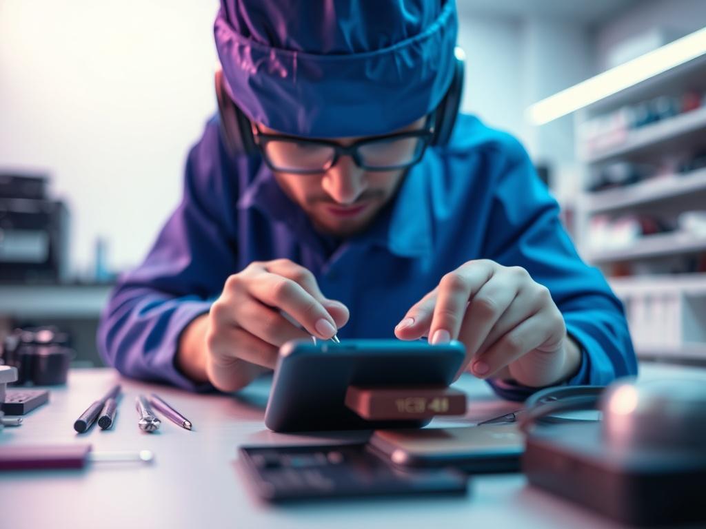 A close-up shot of a technician working on a smartphone repair, focused on the intricate details of the device. The technician is wearing a blue uniform and is surrounded by modern tools on a clean workbench. The background is softly blurred to emphasize the technician's concentration and the smartphone being repaired. The color palette features electric blue and purple tones, creating a professional and inviting atmosphere.