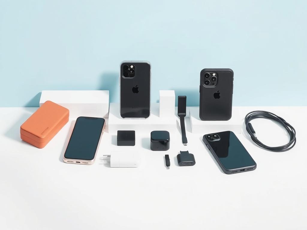 A realistic high-resolution image showcasing a selection of smartphone accessories, including protective cases and chargers, arranged aesthetically on a clean, minimalistic surface. The focus should be on the variety and quality of the accessories, with a simple background that complements the primary color #FF6E4E.