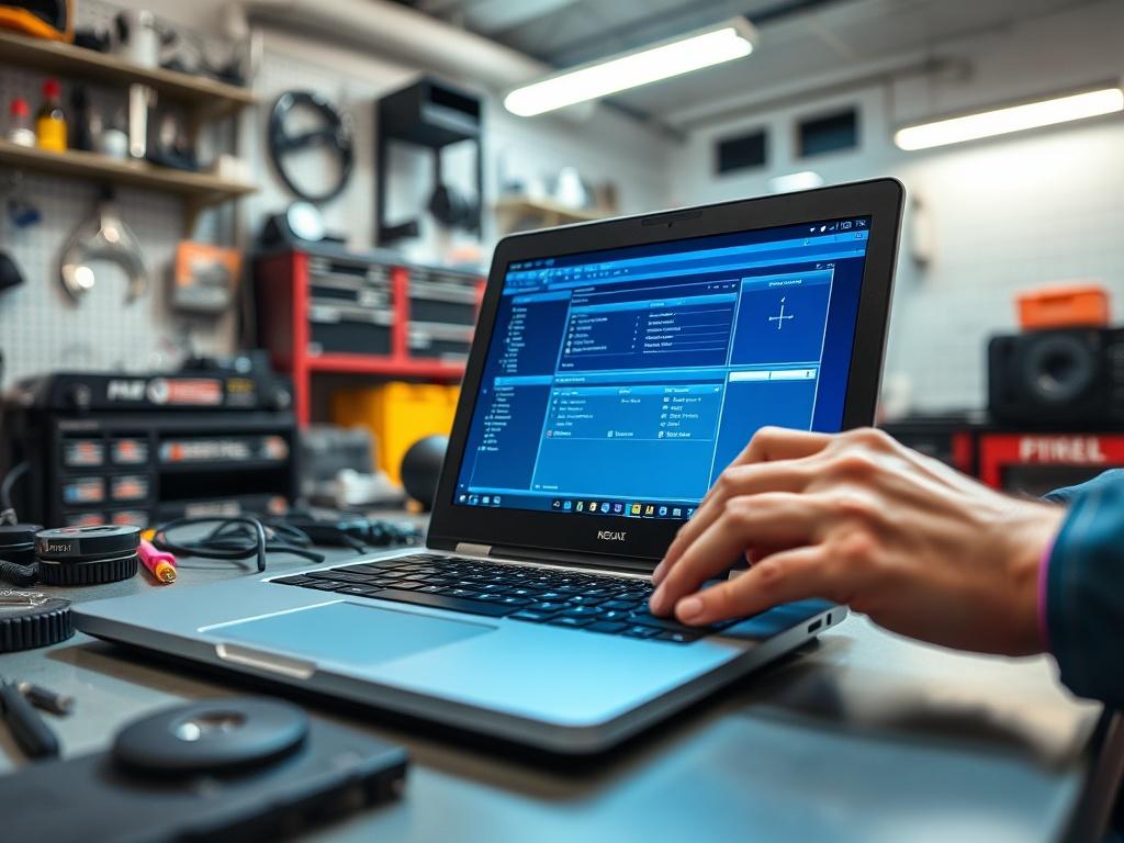 Close-up shot of a technician's hands repairing a laptop in a modern workshop environment. The background features tools and spare parts neatly organized, with a focus on the laptop's open screen showing a diagnostic program. The lighting is bright and professional, emphasizing the attention to detail in the repair process. The color scheme includes electric blue and purple accents, reflecting the brand's identity.
