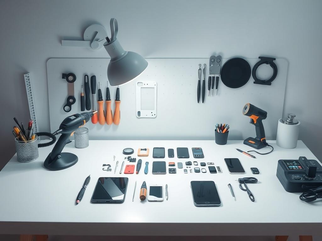 Realistic high-resolution photo of a modern home workshop setup for cell phone repairs. The image should feature a clean workbench with essential tools like screwdrivers, a heat gun, and various smartphone parts neatly arranged. The background should be minimalistic with a simple color palette, focusing on the organized workspace. The lighting should be bright and inviting, showcasing a professional yet cozy atmosphere.