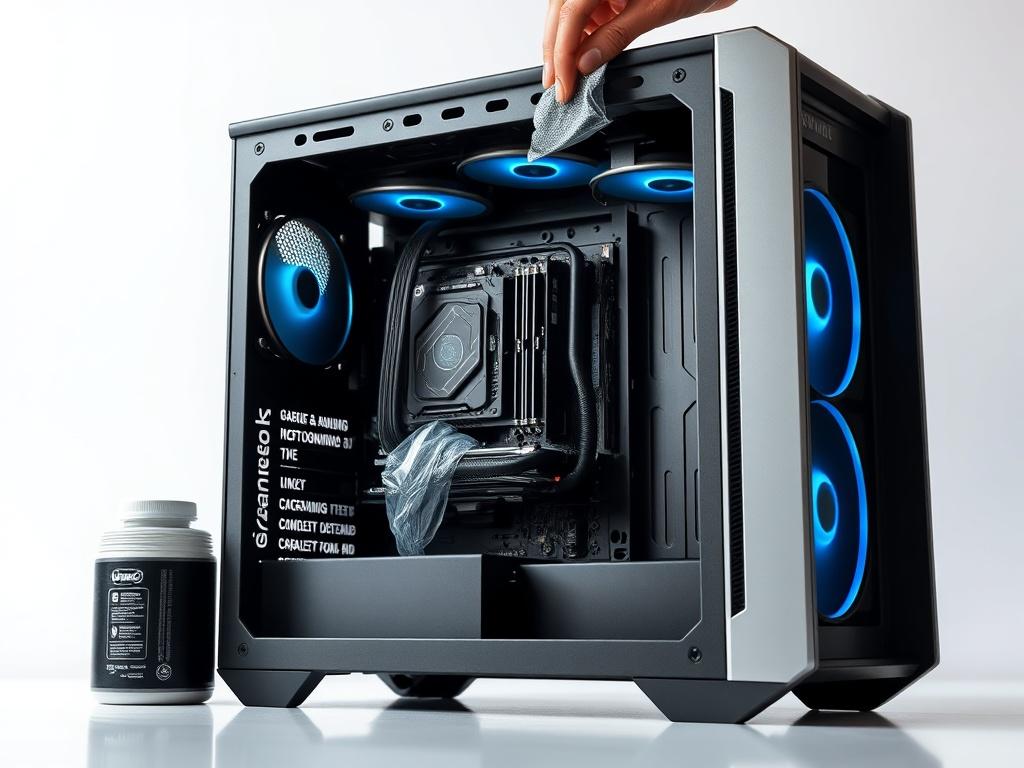 A realistic high-resolution photo of a gaming PC being cleaned internally. The image should focus on the open case of the PC, showcasing the components such as the motherboard, graphics card, and cooling system. The background should be minimalistic, with soft lighting that highlights the details of the components. The colors should be clean and modern, emphasizing the technology and care involved in the cleaning process.