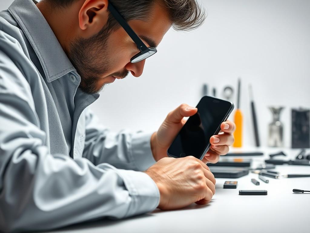 A realistic high-resolution photo of a technician repairing a smartphone in a minimalistic workspace. The focus is on the technician's hands working on the phone, with tools neatly arranged in the background, using soft lighting to highlight the details of the repair process.