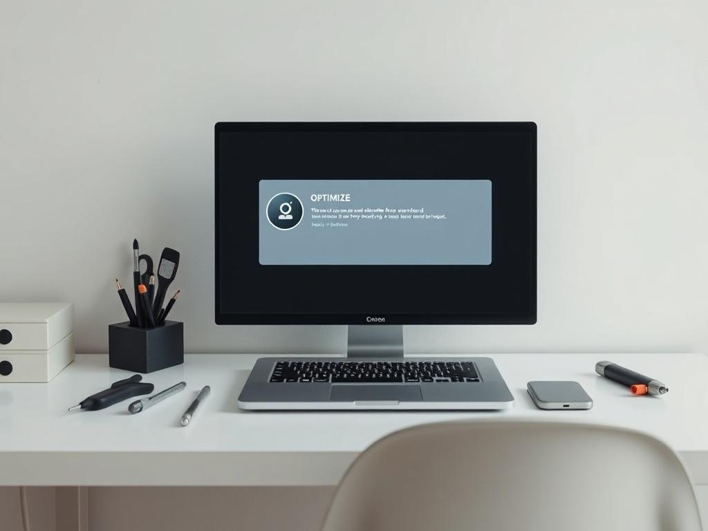 A high-resolution photo showing a technician optimizing a laptop, with the screen displaying installation progress. The scene is minimalistic, with a clean desk and neatly organized tools in soft colors, emphasizing the professionalism and focus of the technician.