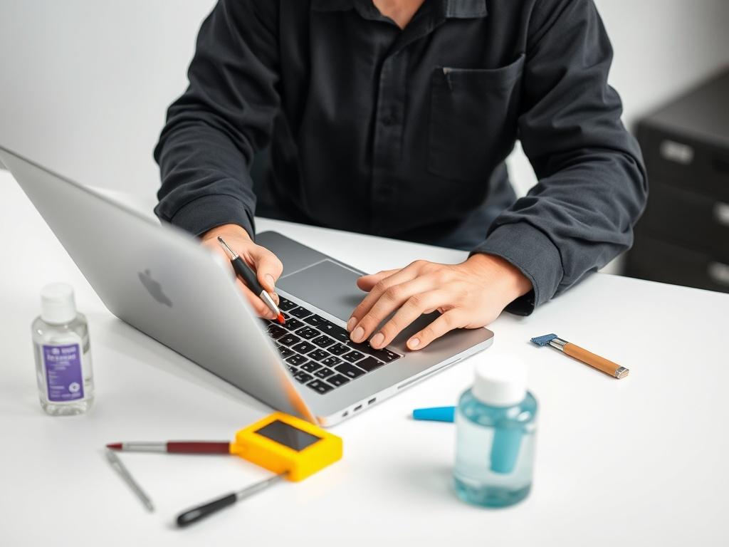 A realistic high-resolution photo of a technician performing preventive maintenance on a laptop, with tools and cleaning supplies around. The workspace is minimalistic, showcasing the technician's careful attention to detail and the importance of regular maintenance.