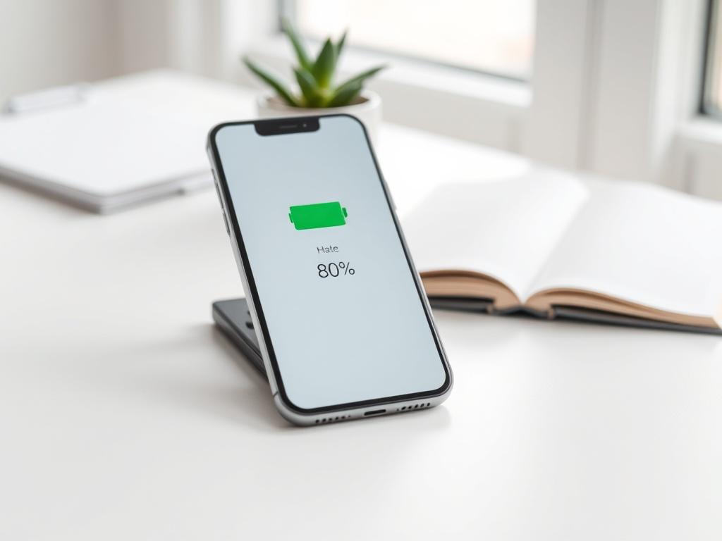 Create a highly detailed realistic high-resolution photo for a blog titled "Cuidado de baterías en dispositivos móviles." The image should feature a single subject: a modern smartphone placed on a clean, light-colored surface. The smartphone should be displayed at a slight angle to emphasize its sleek design and screen.

In the background, include a softly blurred workspace setting with minimalistic elements, such as a white desk, a small potted plant, and an open notebook, to create a calming and organized