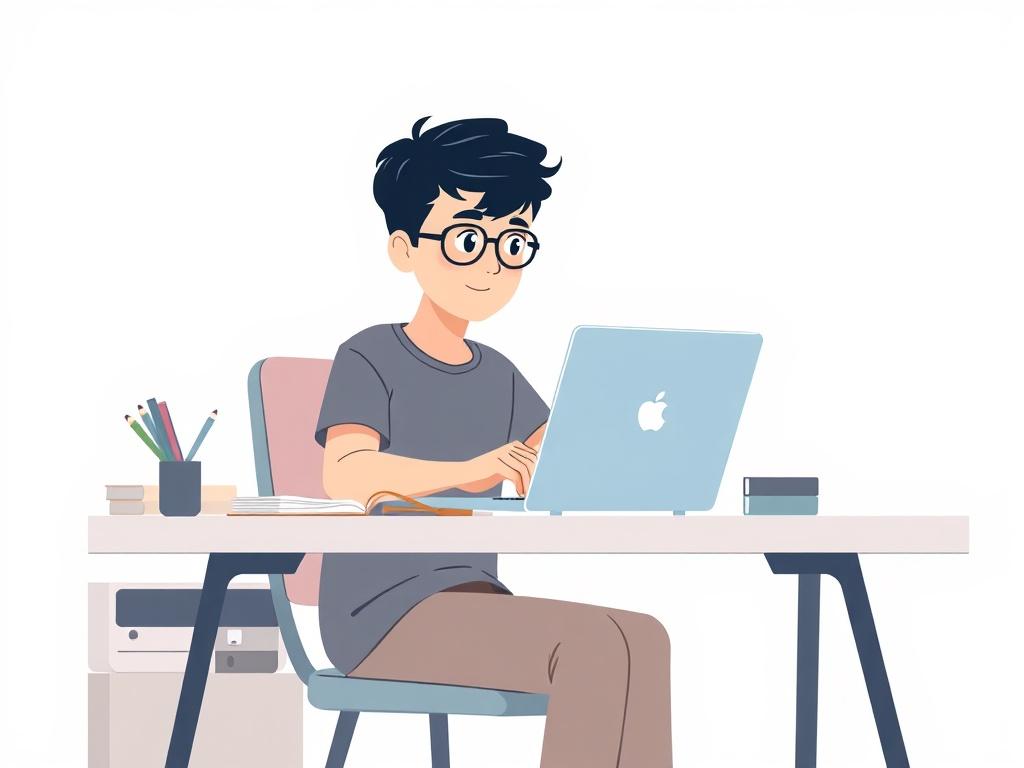 Create a high-quality illustration of a young student sitting at a modern desk, using a refurbished laptop. The student is focused and engaged, with a look of concentration on their face. The background should be minimalistic and clean, featuring soft pastel colors to create a calming atmosphere. Include elements like books and stationery to emphasize a study environment, but keep the composition simple with a single subject in the foreground.