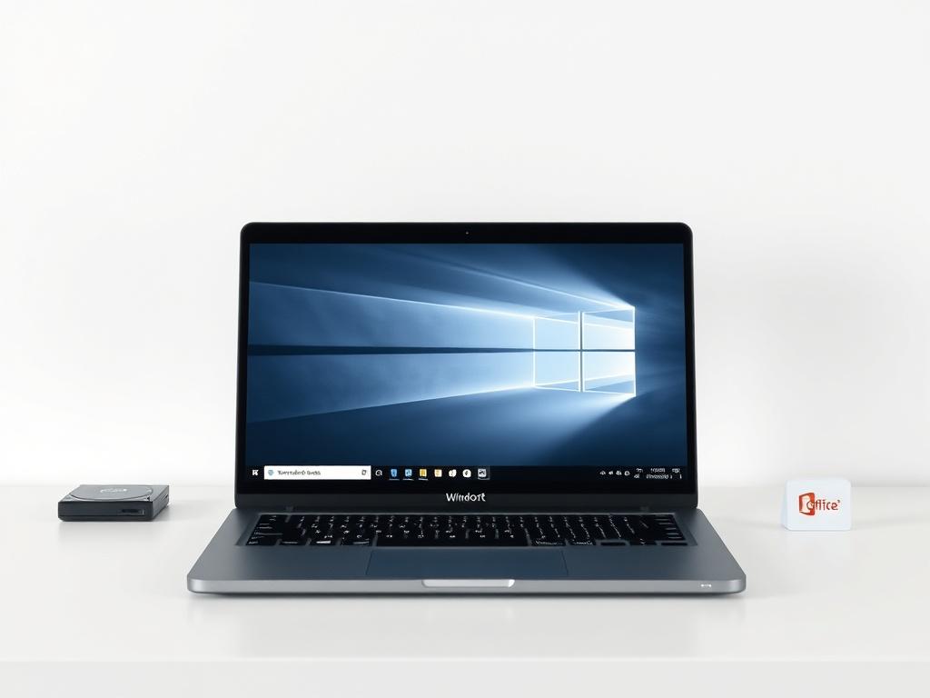 A high-resolution photo of a modern laptop displaying the Windows operating system interface on its screen. The laptop should be open and positioned on a clean, minimalistic desk with a simple design. The background should be neutral and uncluttered, emphasizing the laptop as the main subject. Include subtle hints of a hard drive and a Microsoft Office logo in a way that is not distracting but conveys the idea of software updates and productivity. The overall composition should convey a sense of professiona