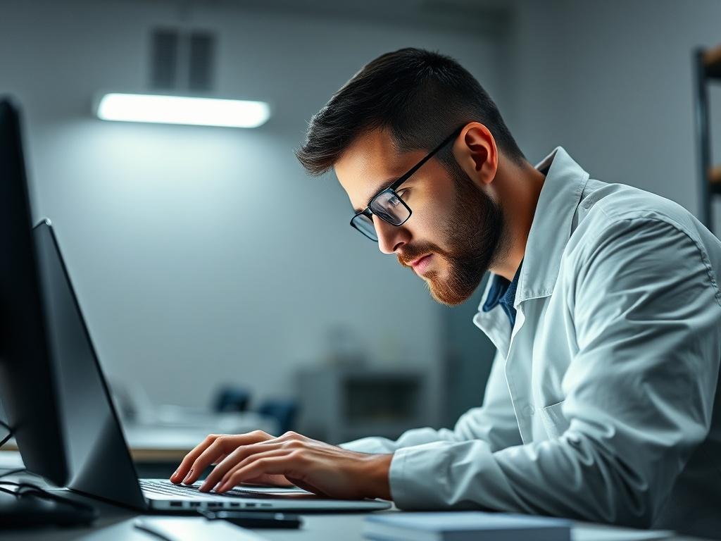 A realistic image of a technician examining a laptop under bright lighting, showing focus and professionalism.